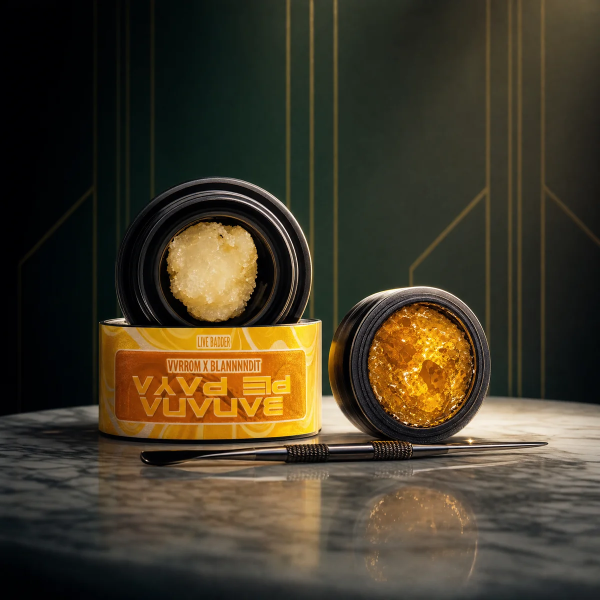 Concentrates — Live Badder in open jars with dab tool on marble