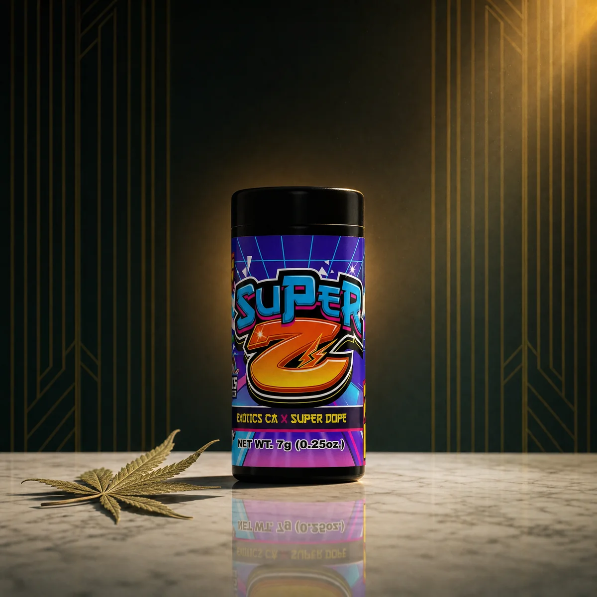 Cannabis flower — jar of Super Z on marble with Art Deco backdrop