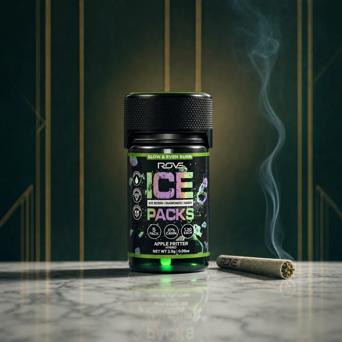 Pre-rolls — Rove Ice Packs jar with lit pre-roll and smoke wisp