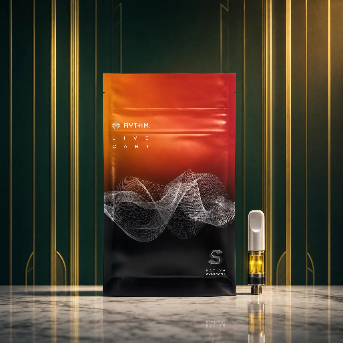 Vape cartridges — RYTHM Live Cart pouch with cartridge on marble